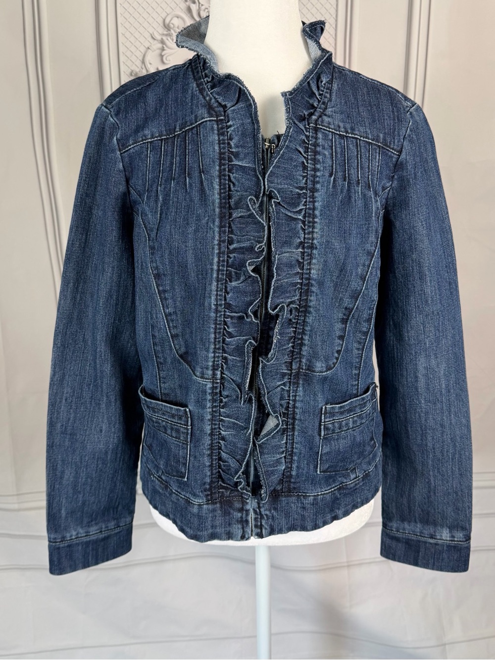 Carol’s Denims Small Dark Wash Ruffle Front Zip Jacket Fitted Pintuck Indie Boho